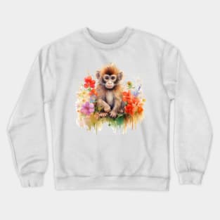 Watercolor picture of a cute little monkey with beautiful colored flowers. Crewneck Sweatshirt